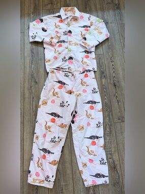The Cat's Pajamas Cat Yarn Print Cotton PJ Set Women's Small Button Front